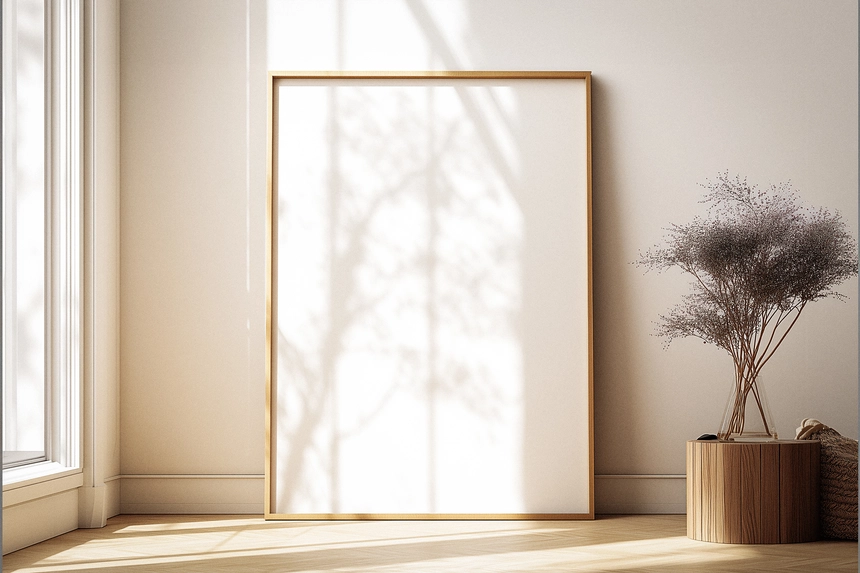 Free Wooden A2 Poster Frame Mockup in Sunlit Minimal Room Free Wooden A2 Poster Frame Mockup in Sunlit Minimal Room