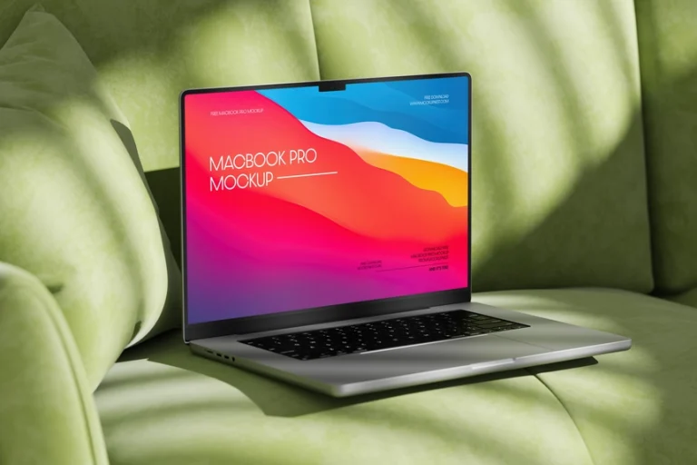 Perspective View of Free Macbook Pro Mockup on Sofa