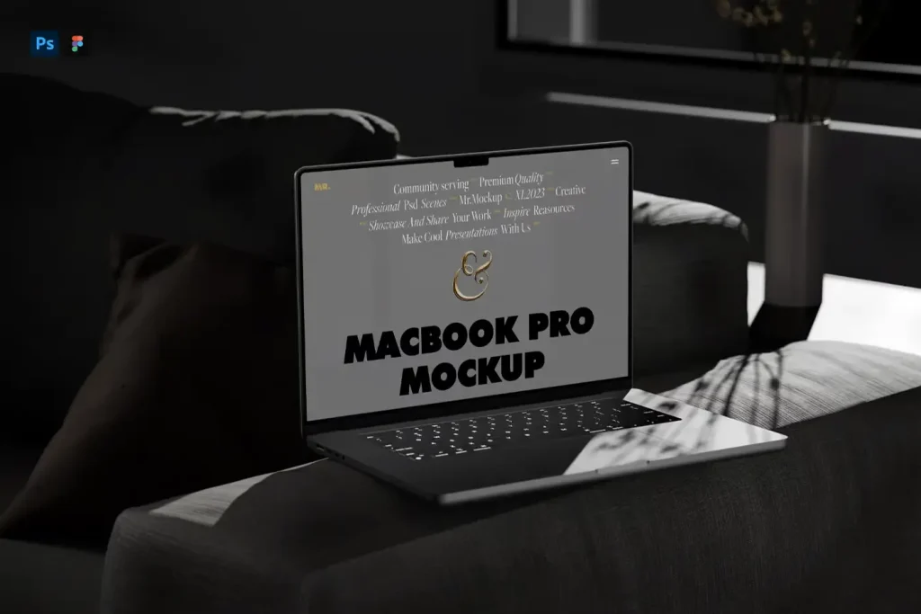Perspective View of MacBook Pro Mockup on Settee