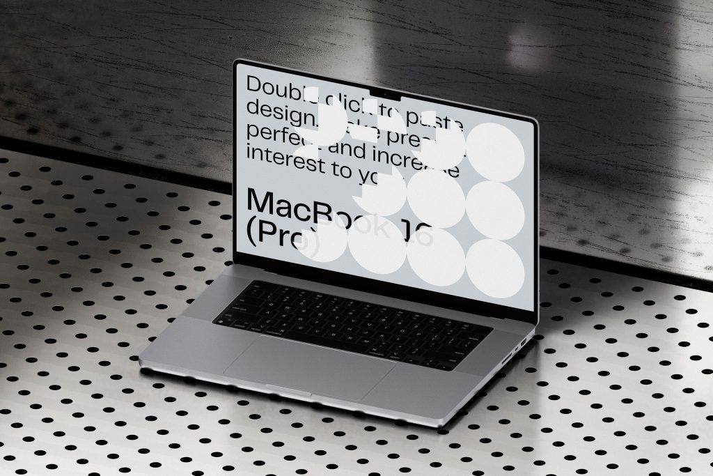 MacBook 16 Pro Mockup on Metal Surface in Perspective Vision MacBook 16 Pro Mockup on Metal Surface in Perspective Vision