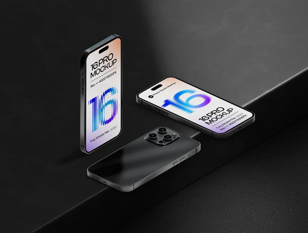 iPhone 16 Pro on Dark Background Mockup iphone 16 pro mockup