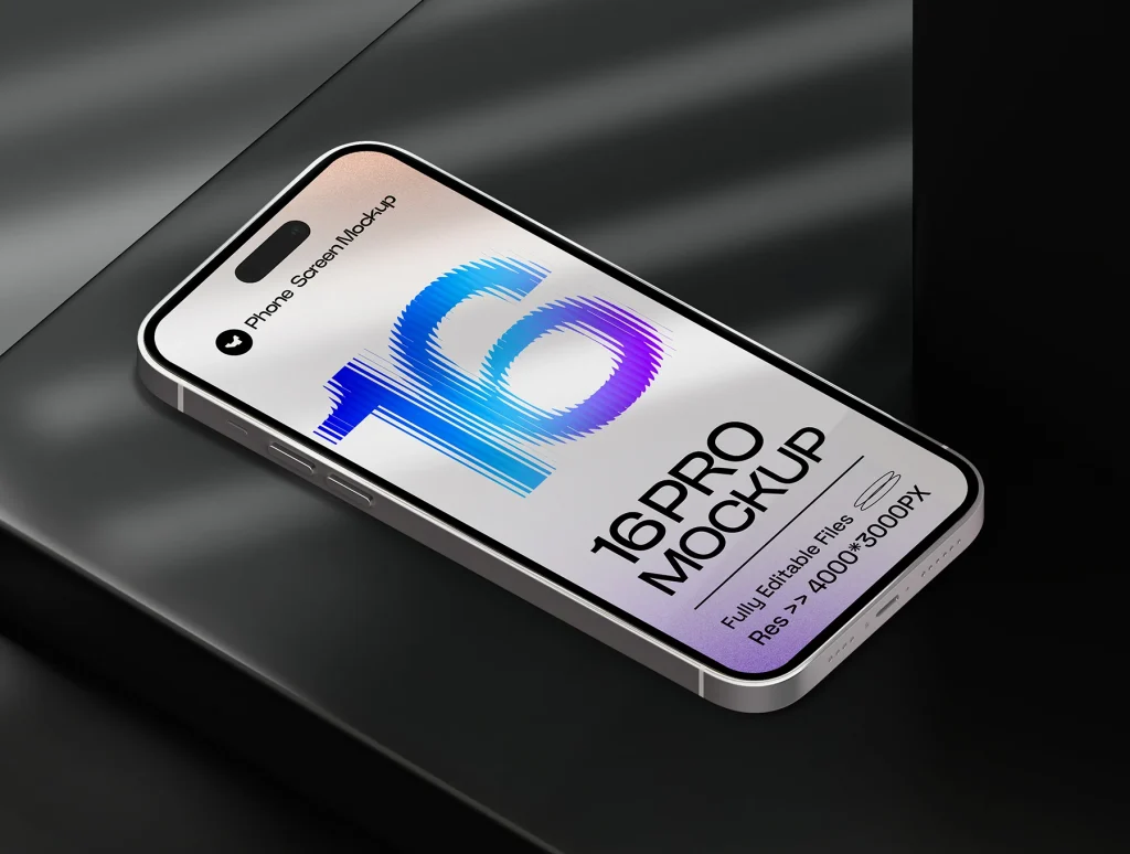iPhone 16 Pro on Dark Background Mockup iphone 16 pro mockup