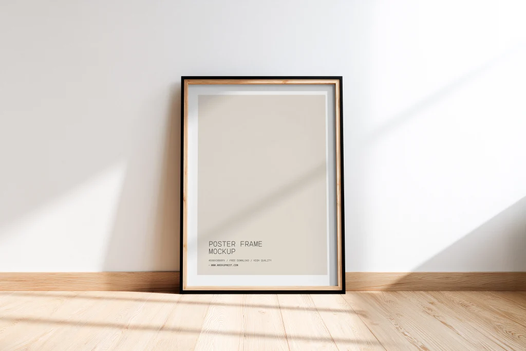 Minimal Wooden Frame Poster Mockup on Bright Wooden Floor Minimal Wooden Frame Poster Mockup on Bright Wooden Floor