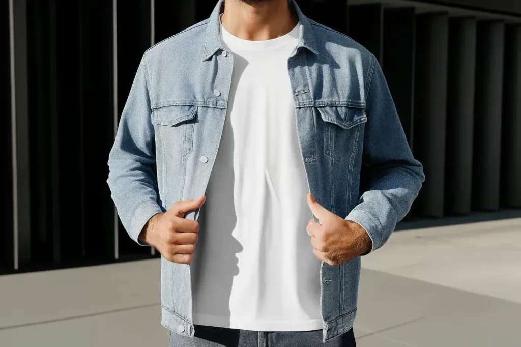 Free Men in Denim Jacket Wearing T-Shirt Mockup