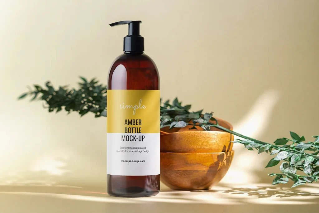 Amber pump bottle on natural background mockup Amber pump bottle on natural background mockup