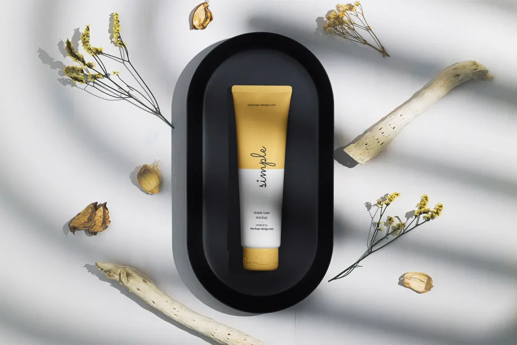 Cosmetic tube on a black tray mockup