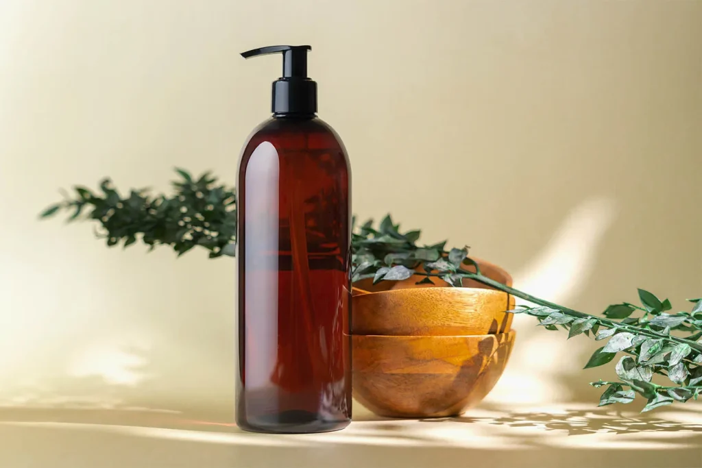 Amber pump bottle on natural background mockup Amber pump bottle on natural background mockup