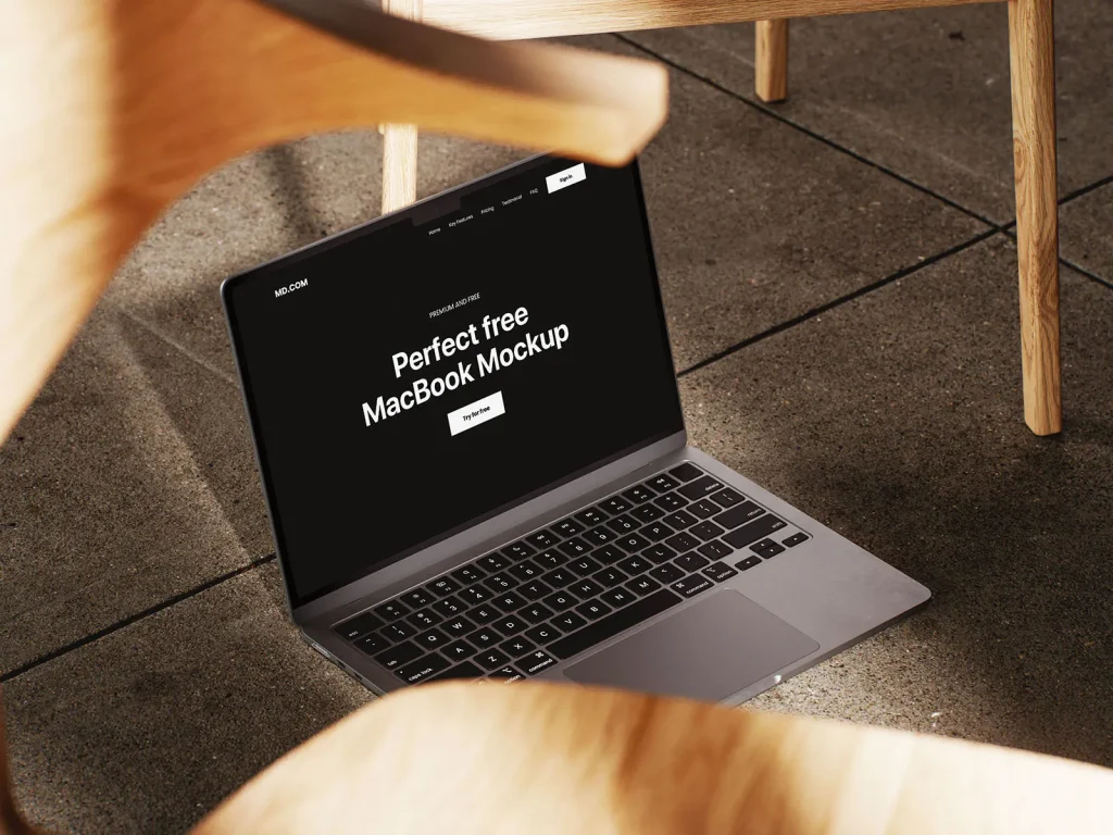 MacBook mockup on wooden chair
