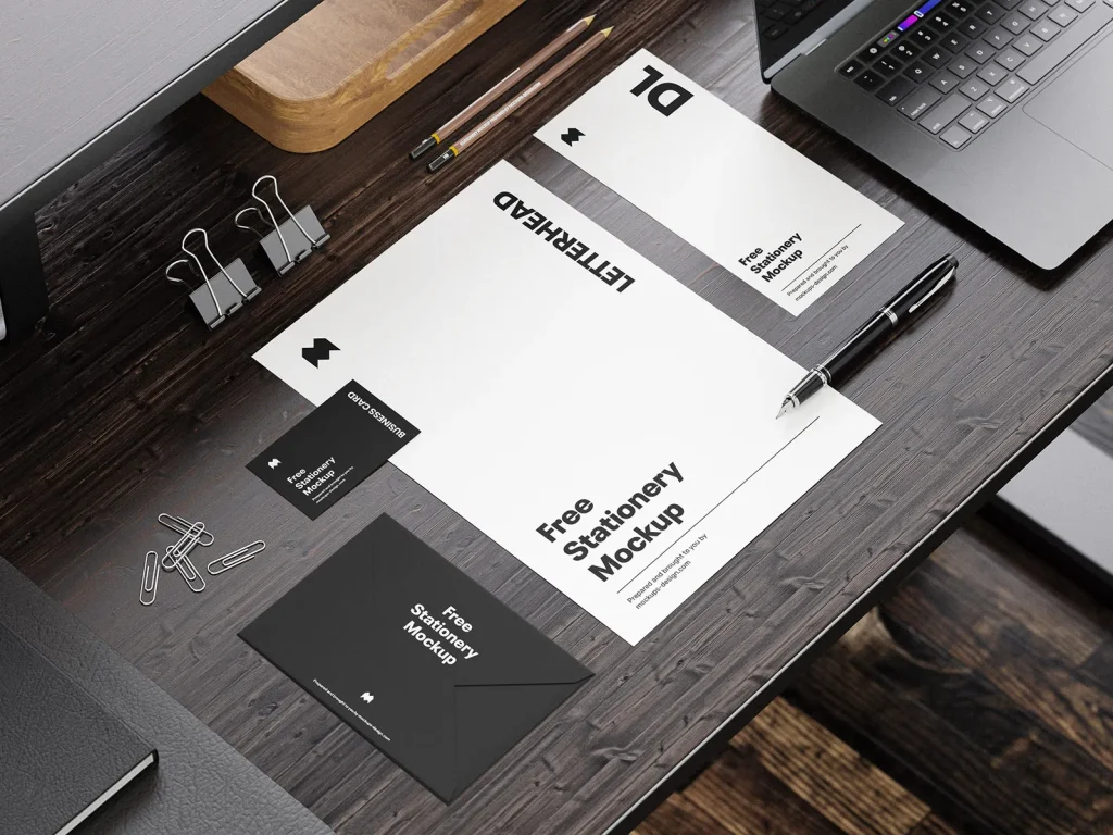Stationery on the wooden desk mockup