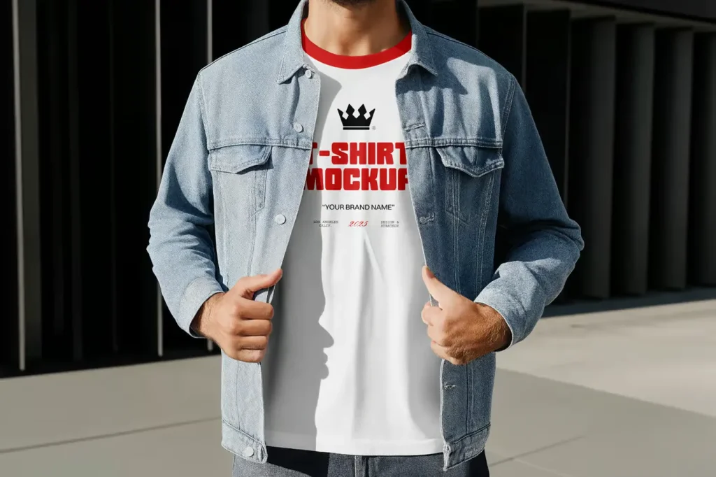Free Men in Denim Jacket Wearing T-Shirt Mockup