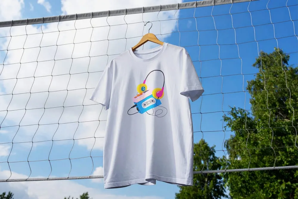 Outdoor Hanging White T-Shirt Mockup on Net Background