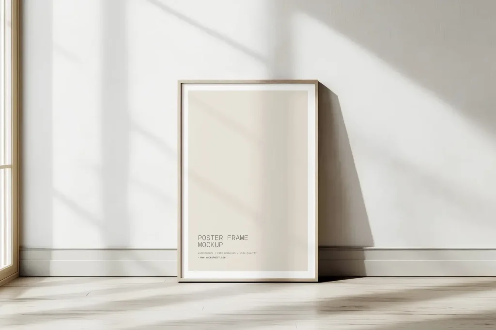 Free Wooden Poster Frame Mockup In Indoor Soft Light Free Wooden Poster Frame Mockup In Indoor Soft Light