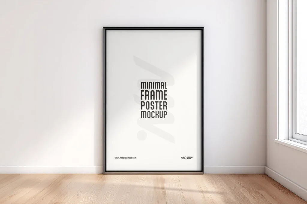 Free Minimal Black Frame Poster Mockup in Bright Modern Room Free Minimal Black Frame Poster Mockup in Bright Modern Room