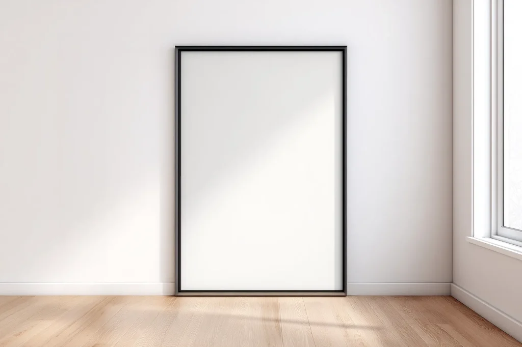 Free Minimal Black Frame Poster Mockup in Bright Modern Room Free Minimal Black Frame Poster Mockup in Bright Modern Room