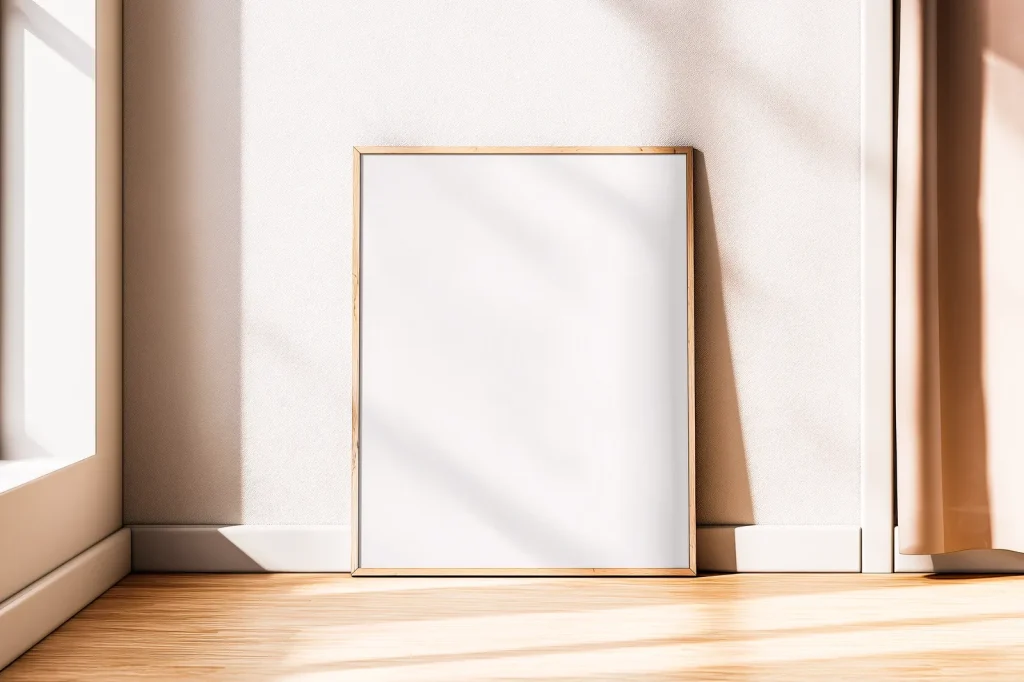 Free Minimal Wooden Frame Poster Mockup in Bright Sunlit Room Free Minimal Wooden Frame Poster Mockup in Bright Sunlit Room