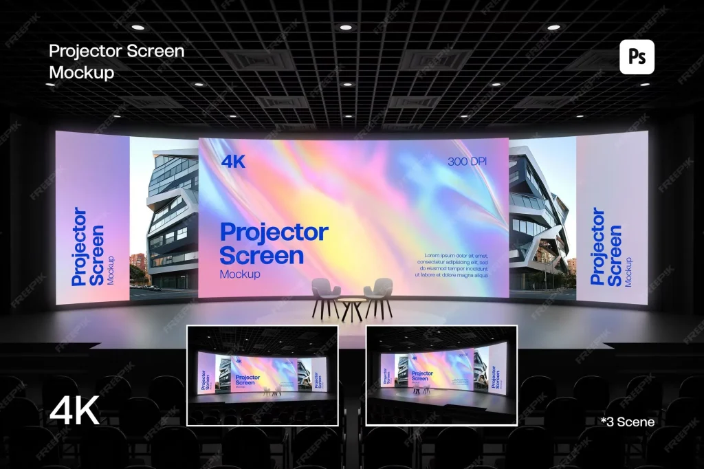Projector screen mockup in modern auditorium